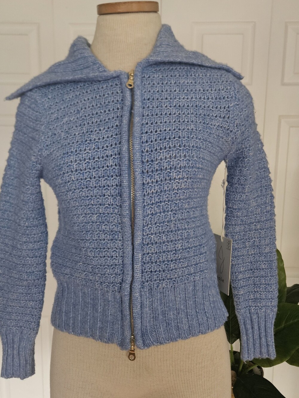NWT Joie Light Blue Knit Cardigan Zip-Up Chunky Collar Sweater Jacket Size XS